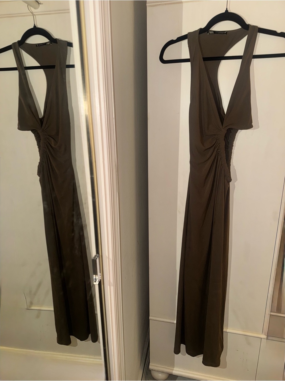 Zara Olive Sleeveless V-Neck Ruched Maxi Dress